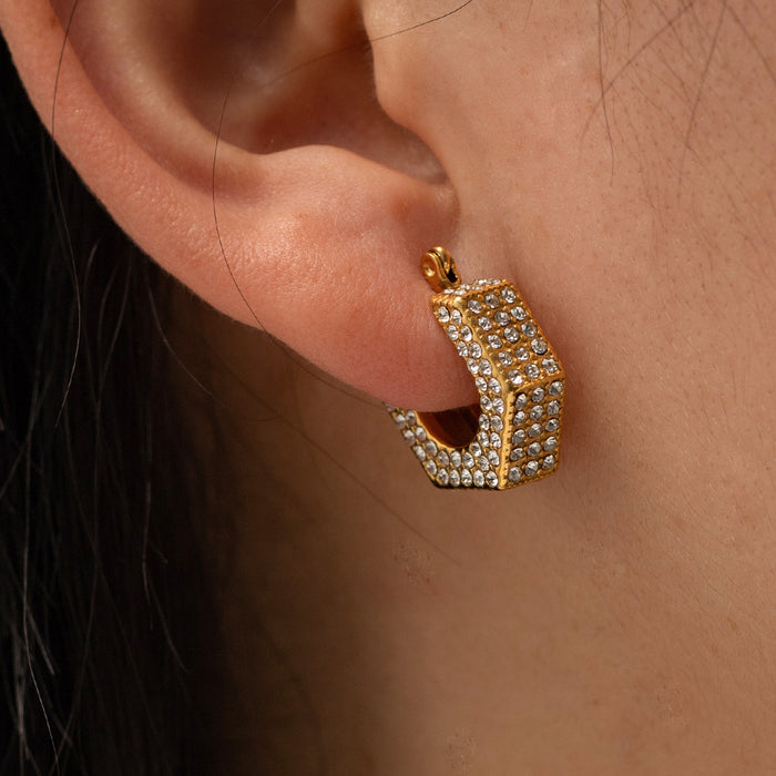 French Style 18K Gold Geometric White Zircon Earrings - High-End Hollow Titanium Steel Earrings