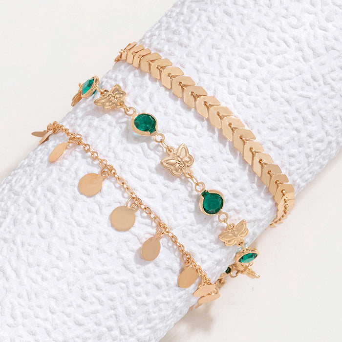 Multilayer Green Butterfly Rhinestone Anklet Set - Fashionable Foot Jewelry