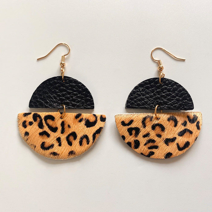 Dark Leopard Patchwork Leather Earrings with Creative Geometric Design