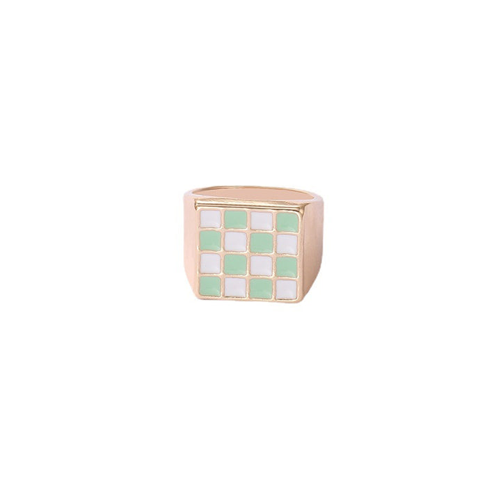 Oil dripping square checkerboard colorblock ring