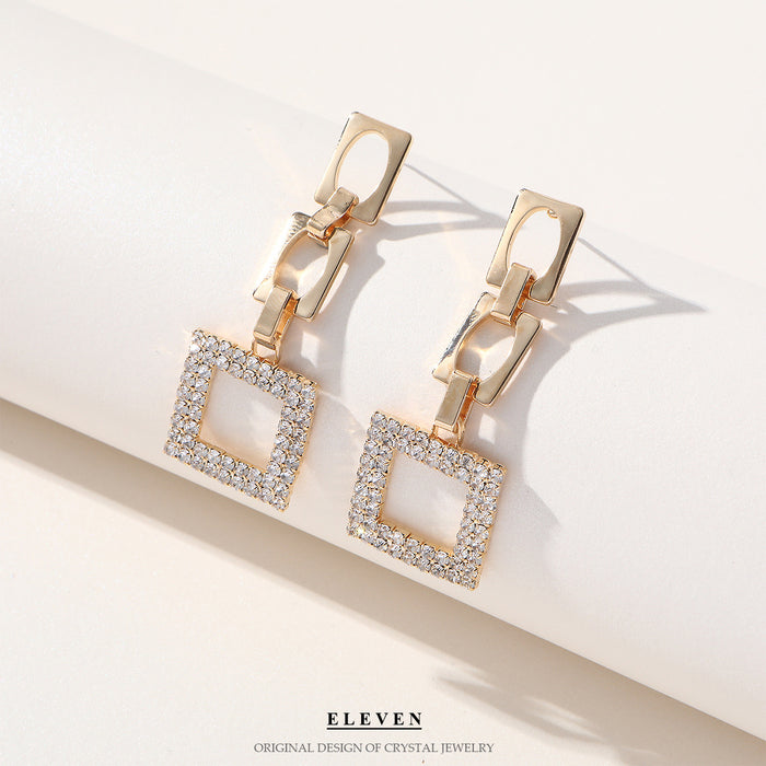 Korean Geometric Rhinestone Earrings - Long Square Drop Earrings for Women