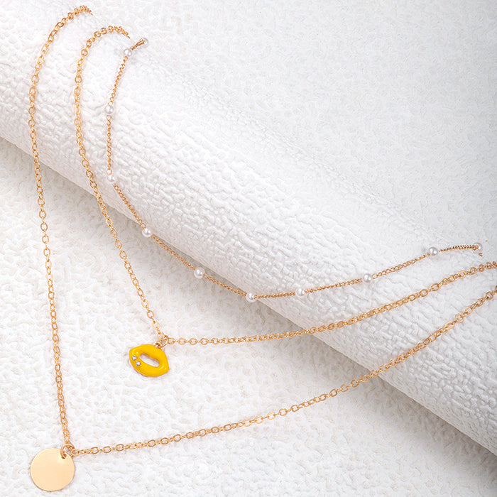 Yellow Enamel Lip Pendant Multi-Layer Necklace - Pearl and Disc Four-Chain Set