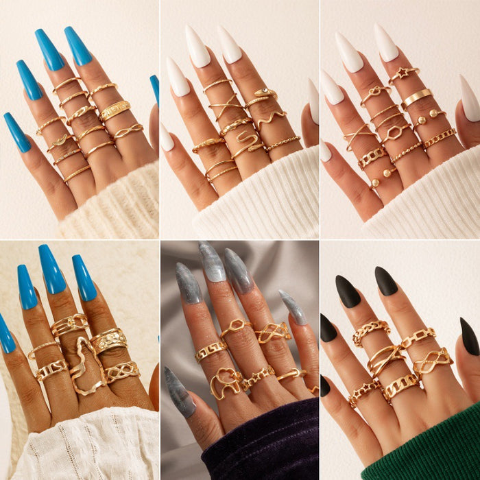 Elephant and Star Ring Set - 6-Piece Geometric Hollow Rings for Women