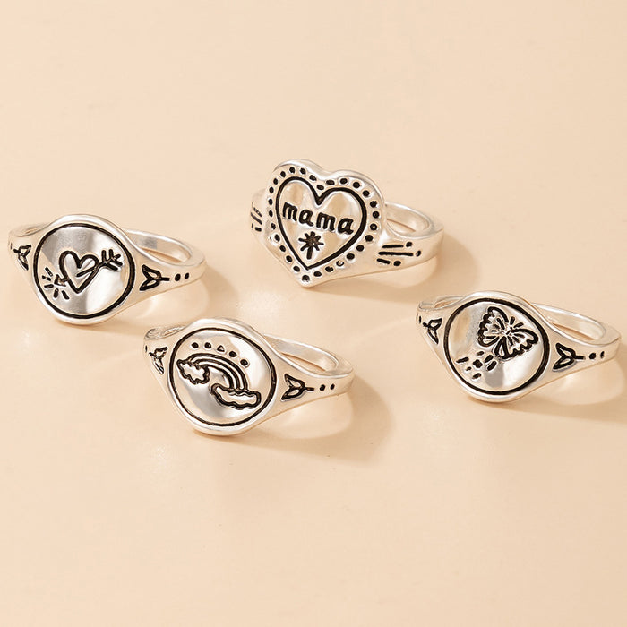 Vintage Alphabet Rainbow Butterfly Ring 4-Piece Set