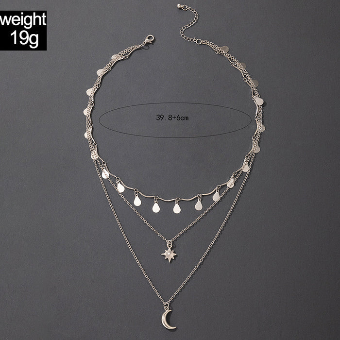 Metal Water Drop Star Moon Three-Layer Necklace with Exaggerated Multi-Layer Clavicle Chain