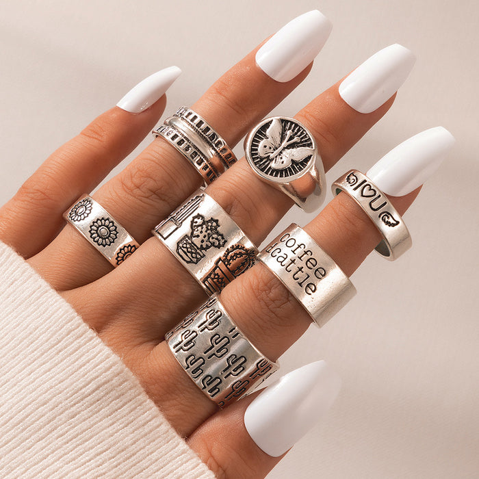 Vintage Alphabet Butterfly Cactus Ring 7-Piece Set