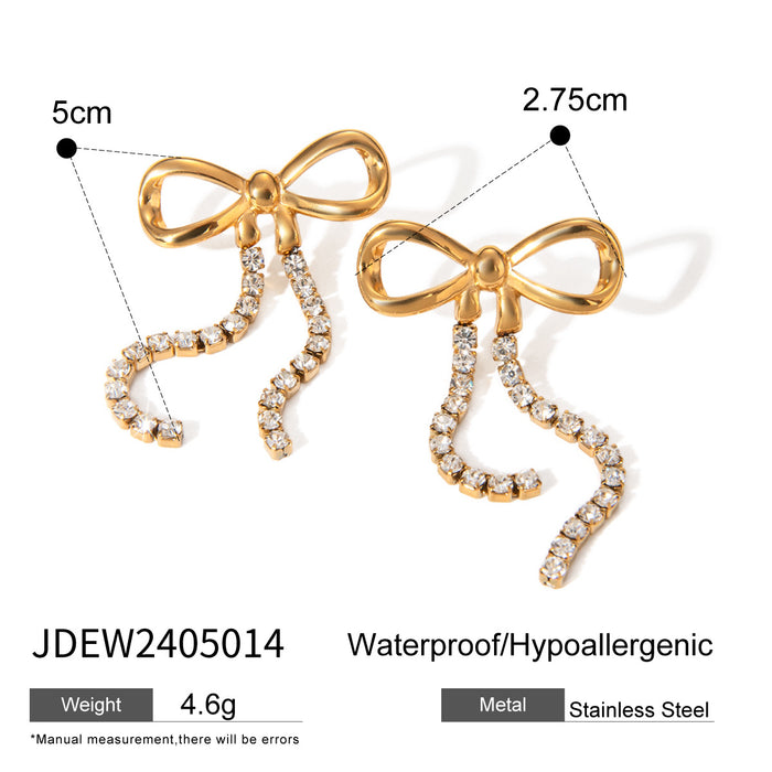 18K Gold Plated Stainless Steel Bow Earrings - Stylish Design with Double Zircon Chains