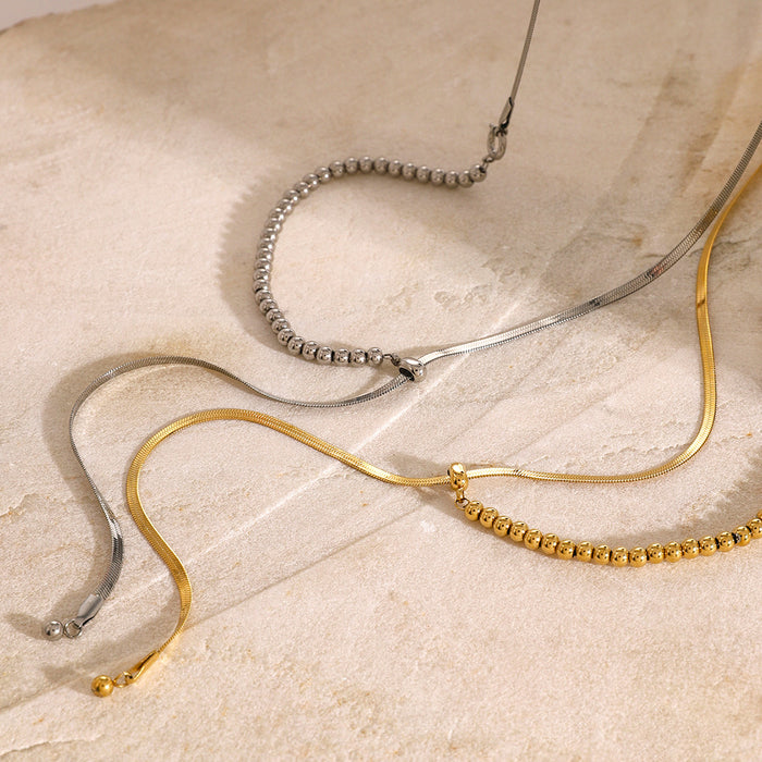 Minimalist 18K Gold-Plated Stainless Steel Snake Bone Y-Chain Necklace with Sliding Bead Clasp - Silver Tone