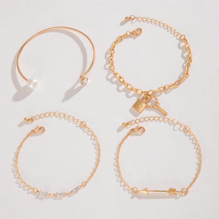 Pearl Cuff Bracelet Set with Arrow, Key, and Lock Charms - Four-Piece Jewelry Set