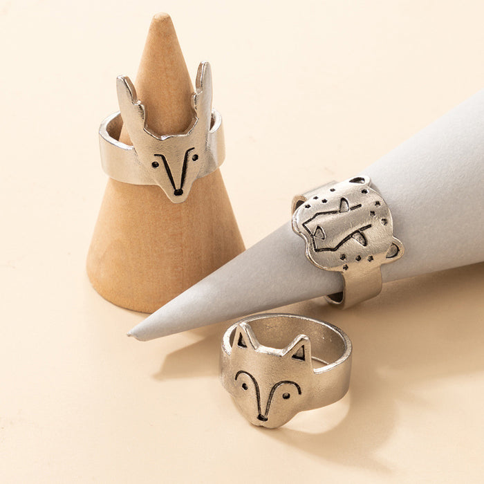 Simple punk style fox leopard ring three-piece animal design combination