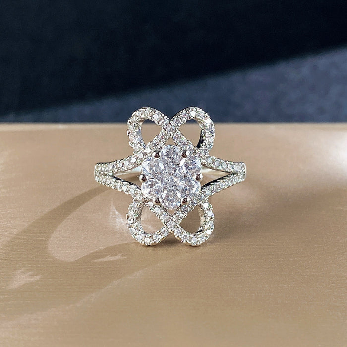 White gold plated full diamond flower shaped zircon ring, beautiful engagement ring for women