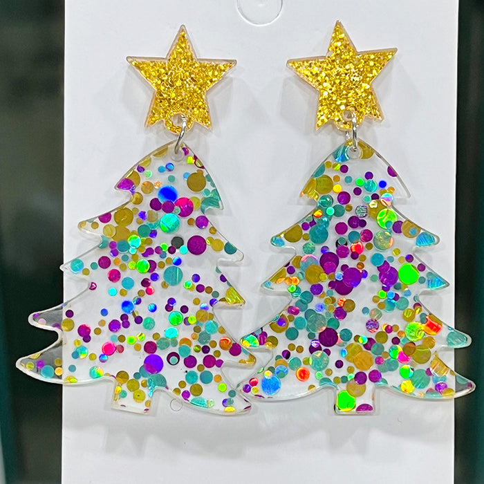 Christmas Glitter Sequin Earrings with Christmas Tree and Colorful Lights