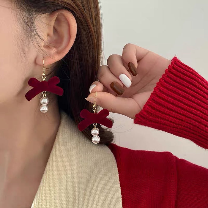 Red velvet bow earrings autumn and winter pearl earrings