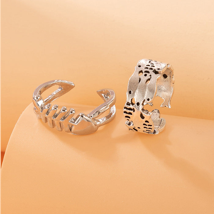 Personalized fishbone ring set, geometric irregular small fish open ring two-piece set