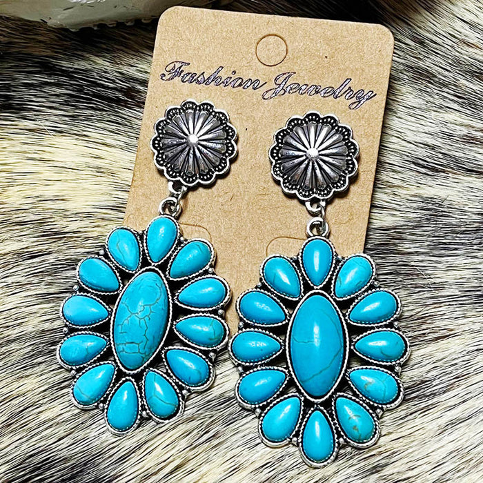 Vintage Ethnic Turquoise Flower Earrings with Alloy Western Style