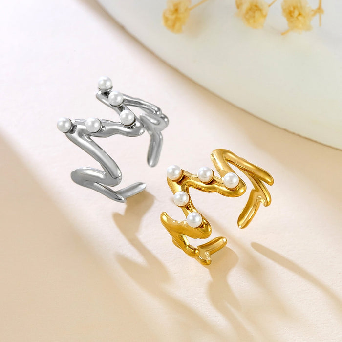 Wholesale stainless steel and titanium steel irregular line pearl-set couple rings