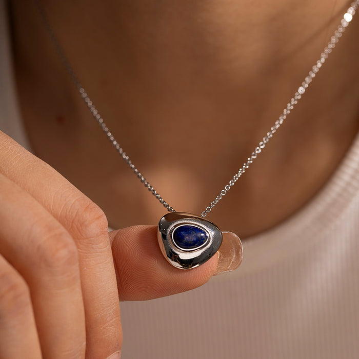 Summer French Vintage Lapis Lazuli Pendant Necklace - Titanium Steel Jewelry with Cold European Style