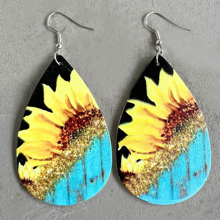 Vintage Western Teardrop Leopard Print Sunflower and Cactus Earrings