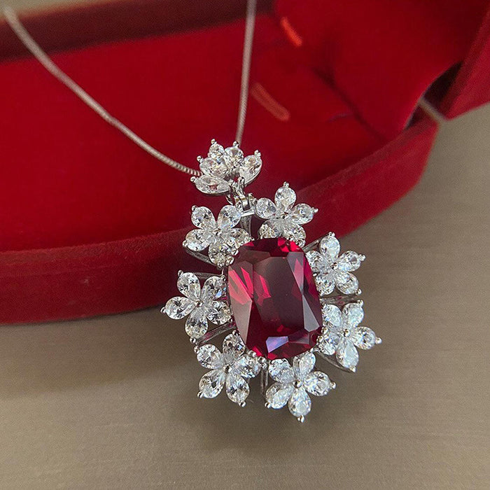 Imitation ruby flower pendant women's necklace