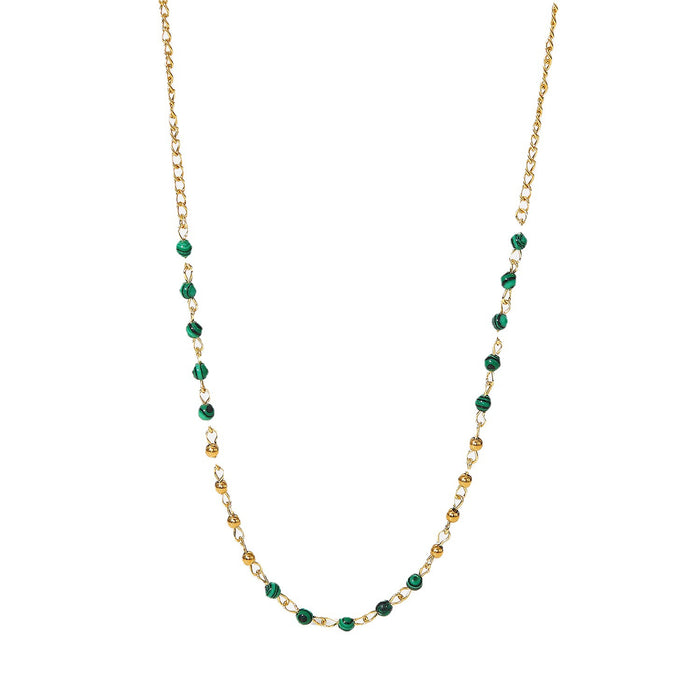 18K Gold-Plated Small Round Bead Necklace with Green Malachite - Women's Vintage Jewelry