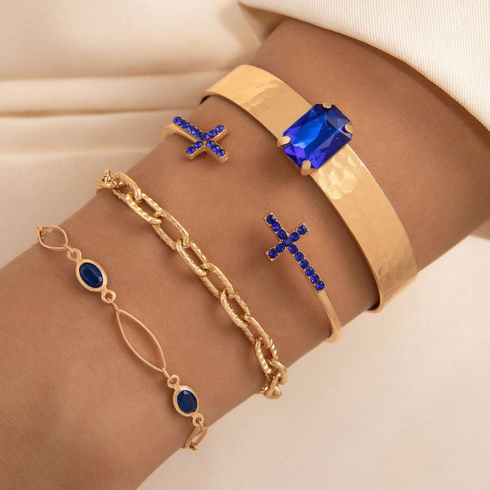 Blue Cross Rhinestone Bracelet Set - Four-Piece Geometric Jewelry for Women