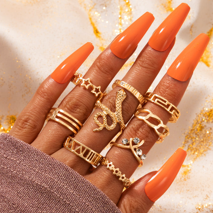 Retro Ethnic Snake Star Rings Set - 9pcs Set