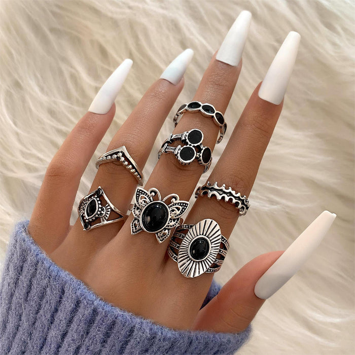 Bohemian Vintage Black Enamel Butterfly Ring Set – Geometric Cut-Out Joint Rings, 7-Piece Collection