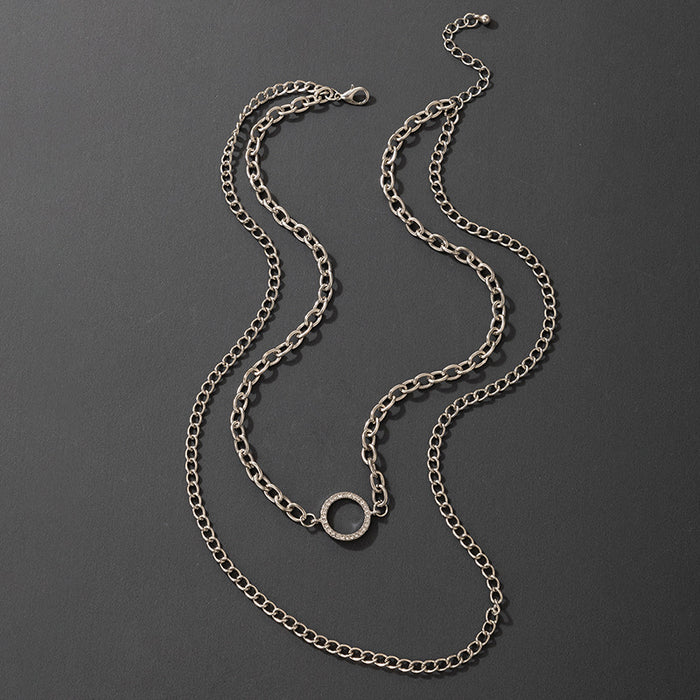 Ins Cool Metal Style Hollow Round Ring Necklace with Simple Punk Silver Chain Double-Layer Design