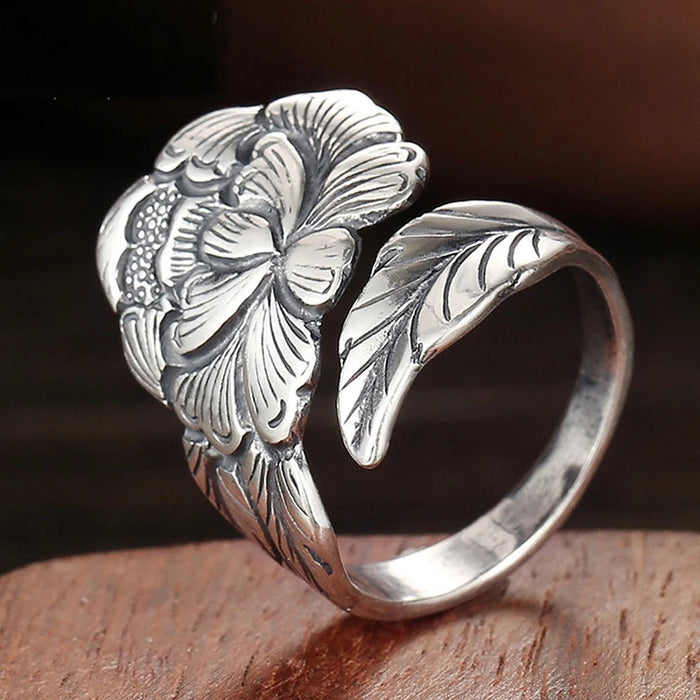 Peony flower open ring retro style national beauty female ring