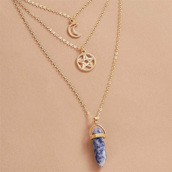 Hexagonal Moon and Star Pendant Multi-Layered Necklace