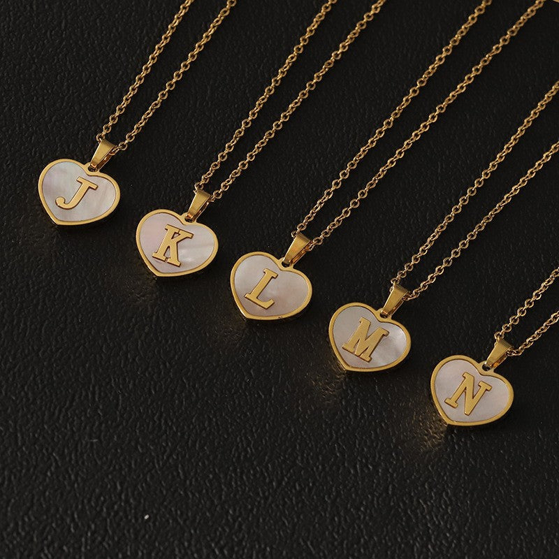 European and American 18K gold heart clavicle necklace, mother-of-pearl pendant letter necklace