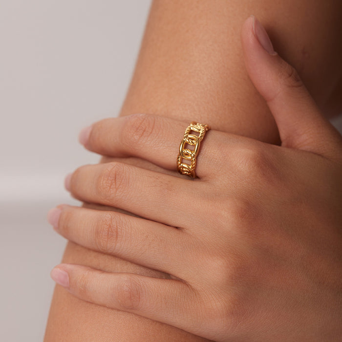 Elegant 18K Gold Plated Stainless Steel Ring with Geometric Patterns