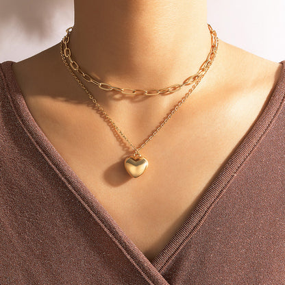 Heavy Metal Alloy Heart Double Layer Necklace with Geometric Chain Multi-Layer Clavicle Design