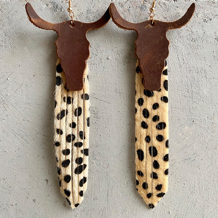 Western Cowboy Crazy Horse Leather Earrings with Bullhead Tassel Design