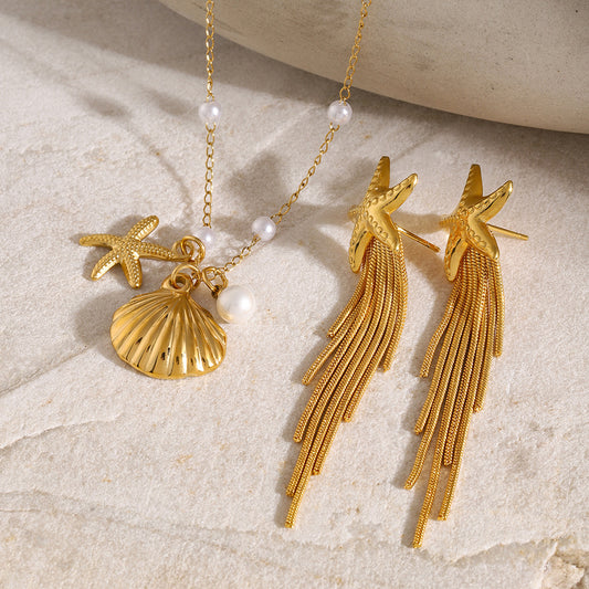 Designer 18K Gold-Plated Stainless Steel Starfish Tassel Earrings - Beach Style Shell Titanium Steel Necklace