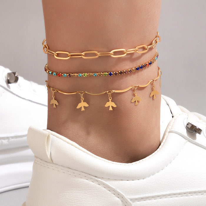 Colorful Crystal Triple-Layer Anklet with Swallow and Alloy Disc Charms