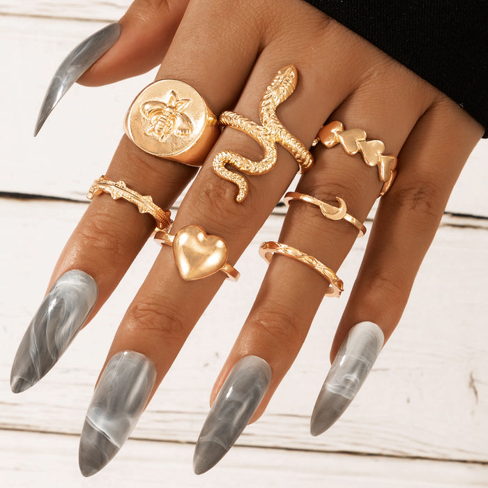 Anillo de oro con forma de serpiente, corazón, abeja y luna, juego de 7 piezas