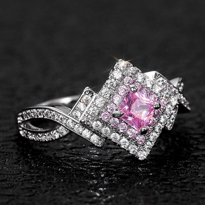 Anillo de diamantes rosas y circonitas en forma de cruz para mujer