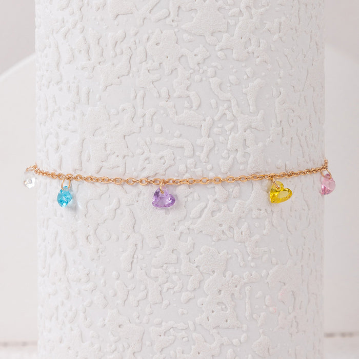 Colorful Gemstone Double-Layer Anklet with Geometric Heart Pendant