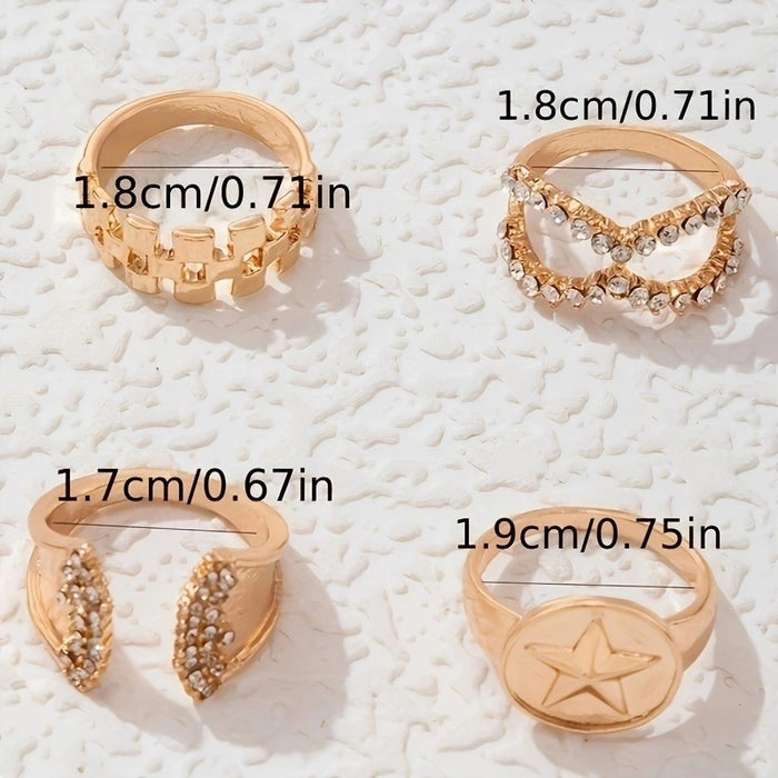 Exaggerated Gemstone Star Ring Set - 4pcs Creative Stackable Rings