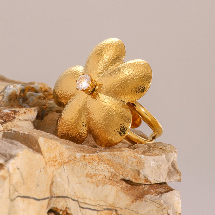 18k gold stainless steel flower brushed ring