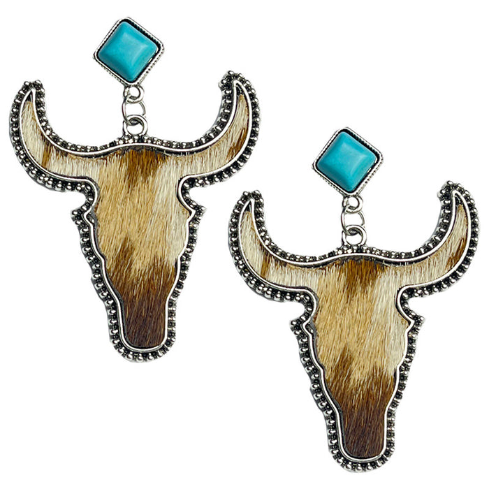 Pendientes de piel de vaca auténtica de estilo bohemio con cabeza de toro y turquesa estilo occidental