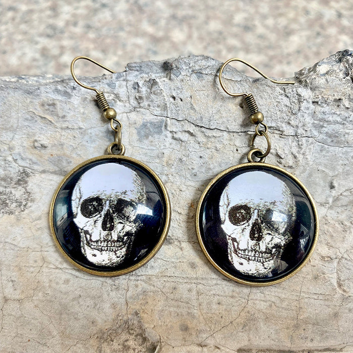 Vintage Glass Earrings with Crow, Black Cat, and Skull for Halloween