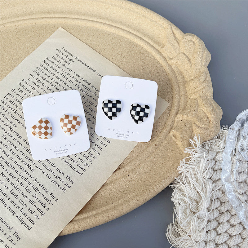 Japanese and Korean cold style retro checkerboard earrings personality 925 silver earrings - wallojewerly 