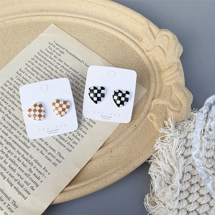 Japanese and Korean cold style retro checkerboard earrings personality 925 silver earrings