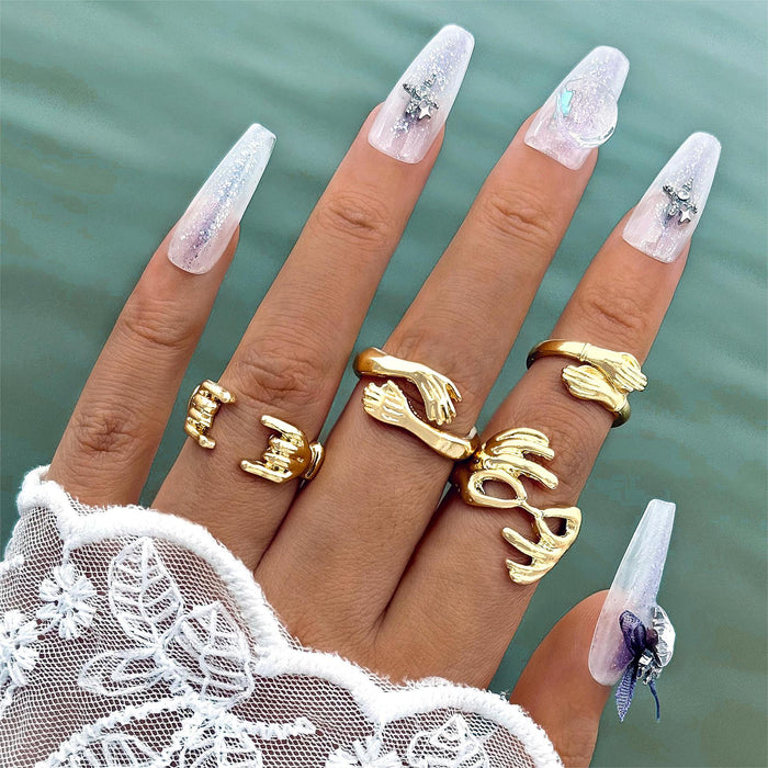 Design-Inspired Double-Hand Embrace Ring Set – Creative Hand-Palm Gold Open Rings, 4-Piece Collection