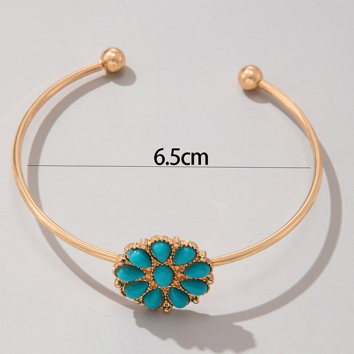 Turquoise Flower Rhinestone Bangle - Single Bracelet with Open Cuff Design