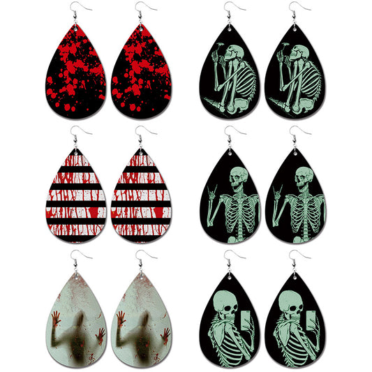 Horror Halloween PU Leather Teardrop Earrings with Blood Stain Design