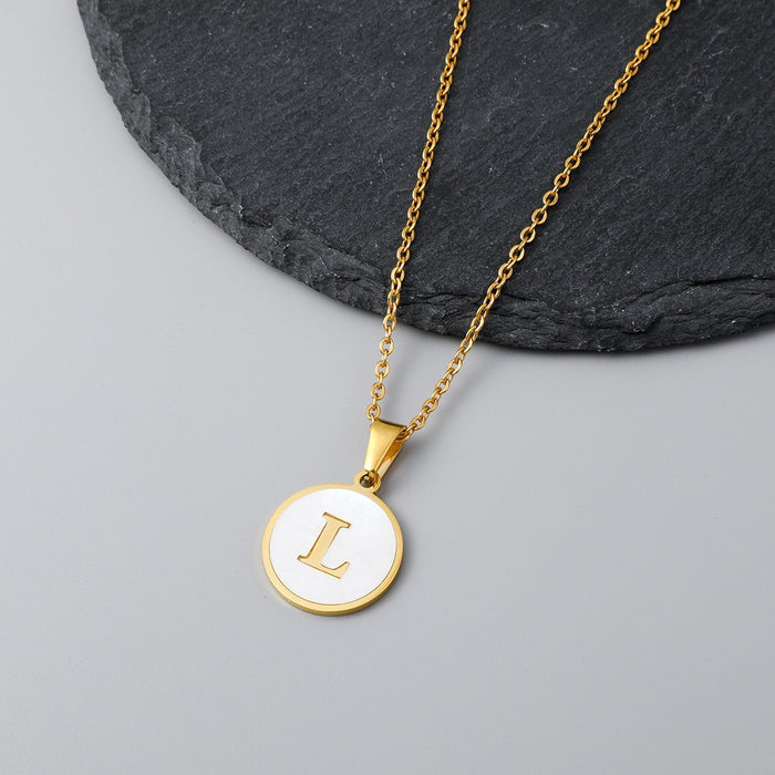 Round shell letter necklace, 18K stainless steel clavicle chain wholesale