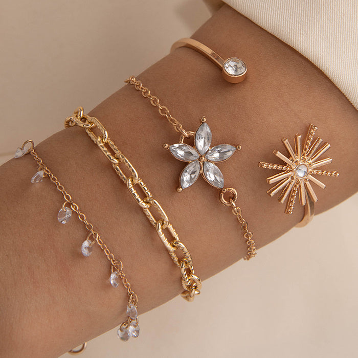 Crystal Flower and Leaf Bracelet Set - Multi-Layer Luxury Jewelry